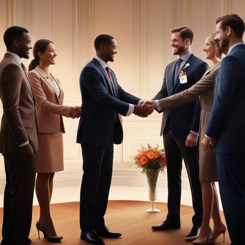 A sophisticated and elegant scene depicting a diverse group of professionals shaking hands, surrounded by glowing certificates and badges of endorsement. The atmosphere is filled with charm, featuring soft lighting and subtle floral decorations in the background. Each individual exudes confidence and grace, showcasing their elevated qualifications. The composition suggests a sense of assurance and success. super-realistic. vibrant colors. soft focus.