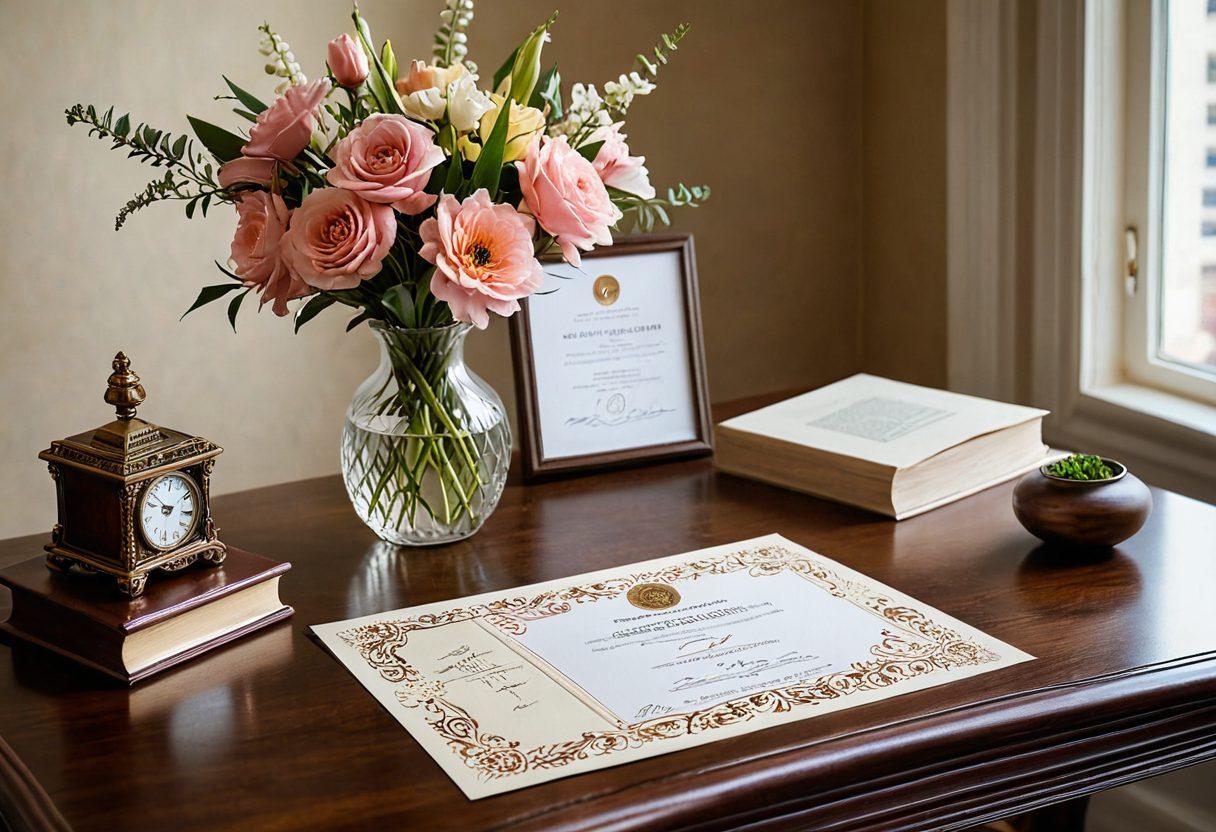 An elegant workspace featuring a beautifully designed certificate on a polished wooden desk, surrounded by soft light and fresh flowers. Include a stylish quill and inkpot nearby, symbolizing tradition, and an open book of achievements in the background. The setting should evoke a sense of confidence and sophistication, with a calming color palette of pastels. super-realistic. soft lighting. vibrant colors.